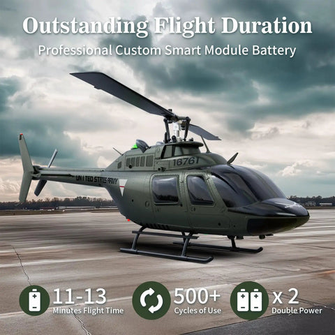 Ultra Realistic 27 To 1 Scale RC Helicopter With Auto Hover Bell OH 58 Style on runway, showcasing design and battery features.