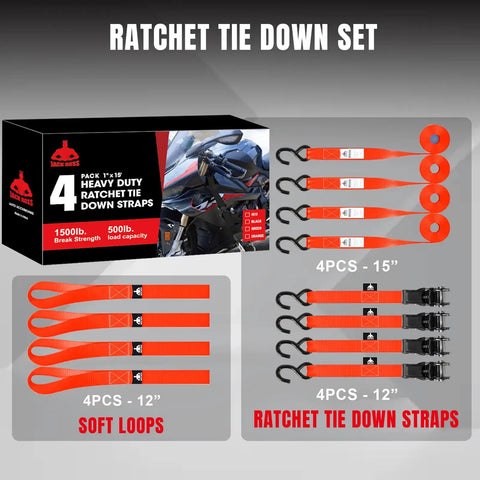 Heavy Duty Ratchet Tie Down Straps Set, 1500 Lb Break Strength, 1 Inch By 15 Foot Cargo Straps with hooks and soft loops.