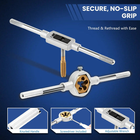 Titanium-Coated Tap And Die Set 86-Piece Pro Grade Threading Kit With SAE And Metric Sizes, tools with handles and metal components