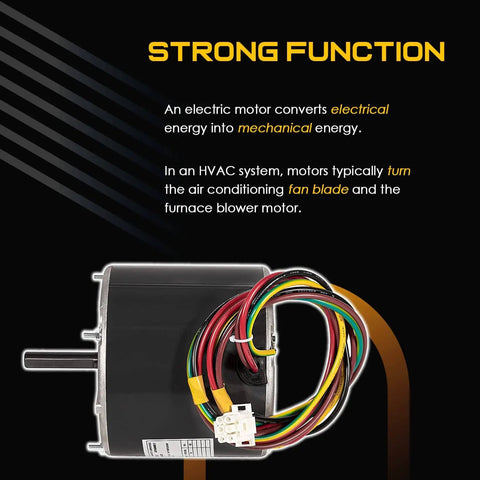 Condenser Fan Motor Replacement for Your HVAC System Swap In 1 Quarter HP 208-230V 850 RPM 1-Phase Clockwise Lead End Interchange Direct Fit THGF36S41S3A THGF60S41S3A For Heat Pumps, with wiring and shaft visible