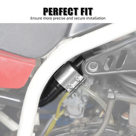 Close-up of exhaust sleeve clamp band installed on quad, silver, heavy-duty bolt-on replacement for Yamaha and Banshee models.