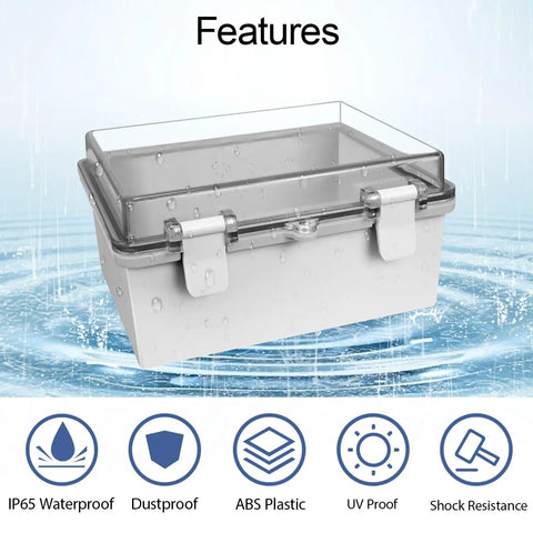Dustproof Waterproof IP65 Junction Box With Hinged Cover in ABS Plastic, gray body, clear PC window, 8.7x6.7x4.3 inch