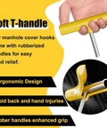 Heavy Duty Stainless Steel Manhole Cover Lifter And Septic Tank Grabber With A Tough T Shaped Handle showing yellow rubberized grip.
