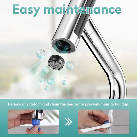 MIAOHUI Chrome Kitchen Faucet with Glass Rinser, 4 Modes showing easy maintenance of the aerator for cleaning.