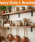 20 Pieces Heavy Duty Steel L Brackets 4x4x2 Inch Black Corner Supports 90 Degree Right Angle Shelf Hardware For Wood Bookcases Beds Furniture Built Tough Super Sturdy Quick Install holding wooden shelves in a kitchen.