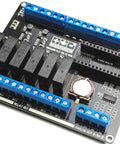 Plug And Play PLC Module 100 V2 SMD For Arduino Nano, 4 analog inputs, 4 analog outputs 0-10V, top view, I2C bus ready