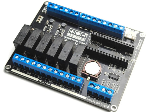 Plug And Play PLC Module 100 V2 SMD For Arduino Nano, 4 analog inputs, 4 analog outputs 0-10V, top view, I2C bus ready