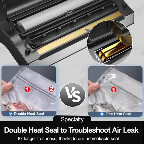 Upgraded precision vacuum sealer by Amazon; black, double heat seal, cutter, bag storage; 2 bag rolls and hose.