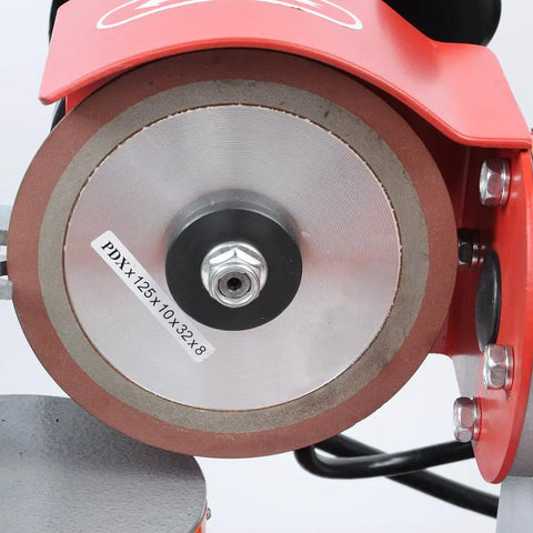 Close-up of grinding wheel on 125mm Woodworking Circular Saw Blade Grinder Sharpener With 110V 250W Motor Adjustable Angle Rotary Tool