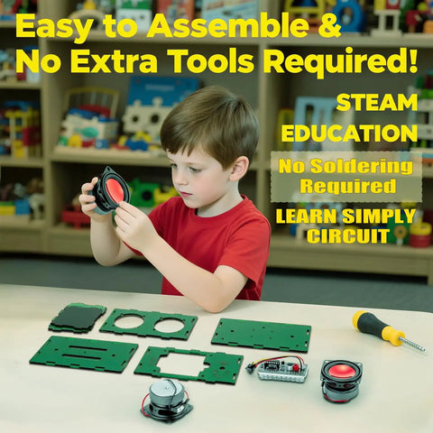 Child assembling Bluetooth Speaker Kit With LED Light For Kids And Teens Build Your Own Portable Speaker In Green Transparent Acrylic Case Fun Hands On STEM Project For Girls And Boys Ages 8 Through 16.