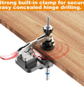 Effortlessly install cabinet hinges with precision using this all metal jig featuring carbide tipped 26mm and 35mm bits, dual depth lines, and a quick clamp for fast, accurate hinge cup drilling and secure mounting. Image shows jig clamped to wood.