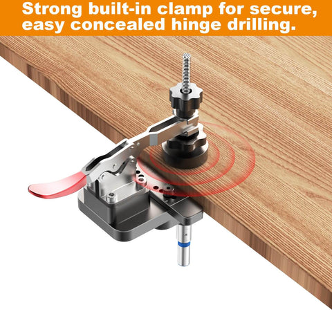 Effortlessly install cabinet hinges with precision using this all metal jig featuring carbide tipped 26mm and 35mm bits, dual depth lines, and a quick clamp for fast, accurate hinge cup drilling and secure mounting. Image shows jig clamped to wood.
