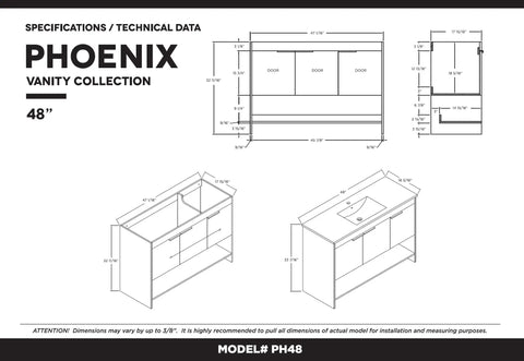 Specifications for Slick 48 Inch Bathroom Vanity With Built In Sink, showcasing dimensions and layout details.