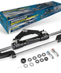 Beefy Hydraulic Steering Cylinder For Outboard Boats Up To 300HP, 10.3MPa/1500 PSI, Front Mount Aluminum Alloy Body With Two-Way Lock Valve And ORB Fittings displayed with packaging