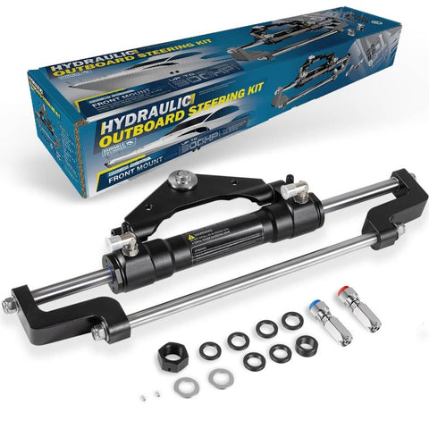 Beefy Hydraulic Steering Cylinder For Outboard Boats Up To 300HP, 10.3MPa/1500 PSI, Front Mount Aluminum Alloy Body With Two-Way Lock Valve And ORB Fittings displayed with packaging