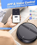 Person using smartphone app with Ultra Slim 2.8 Inch Robot Vacuum And Mop That Runs Quiet At 65 Decibel No Tangle Design nearby