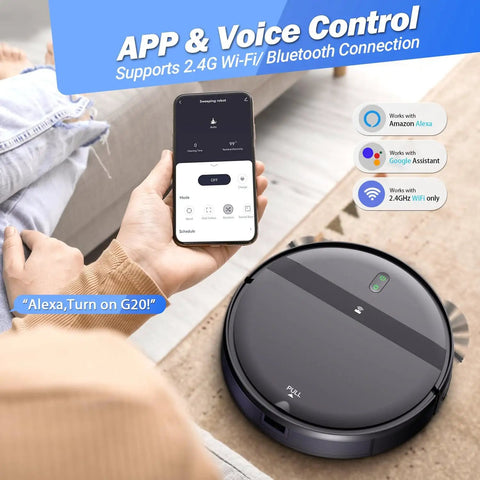 Person using smartphone app with Ultra Slim 2.8 Inch Robot Vacuum And Mop That Runs Quiet At 65 Decibel No Tangle Design nearby