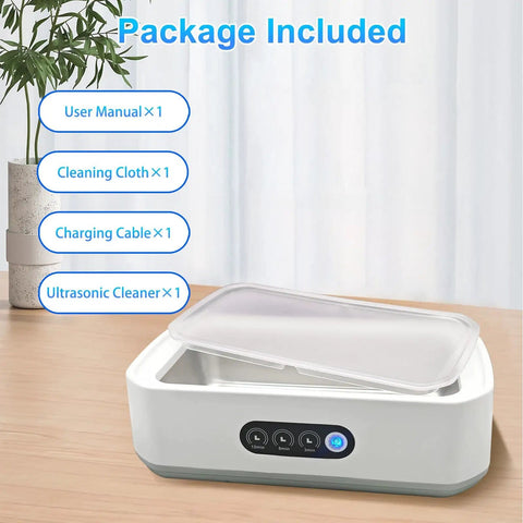 Deep Clean Ultrasonic Jewelry Cleaner 48kHz Machine With 22oz 304 Stainless Steel Tank and included accessories on table