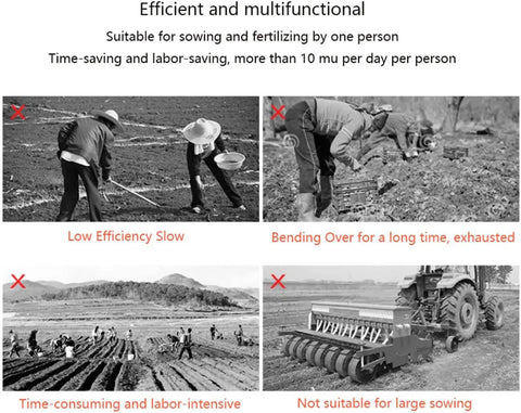 Comparison of farming methods highlighting efficiency of Metal Precision Garden Seeder With Walk Behind Design, Row Crop Planter.