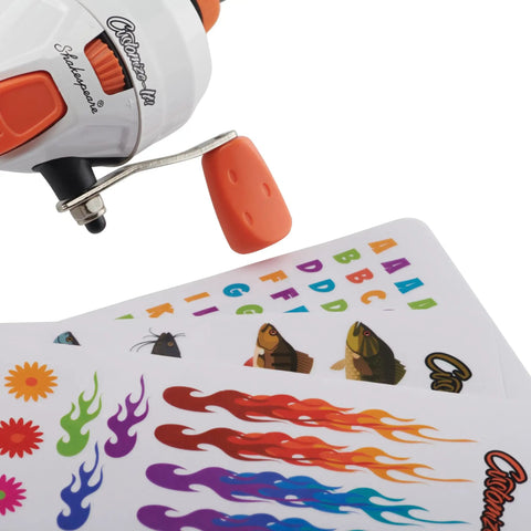 Customize It Spincast Youth Fishing Pole And Reel Combo For Kids with 170 decorating stickers and size 6 reel.