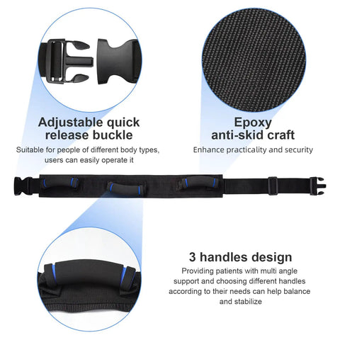 Gait Belt With Quick Release Buckle For Safe Elderly Transfers And No Fuss Mobility, showcasing buckle, handles, and material details