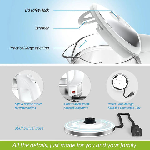 Dual Wall Cool Touch Electric Kettle With Borosilicate Glass Inner, 1.7L, 1500W Fast Boil, Cordless Hot Water Boiler features