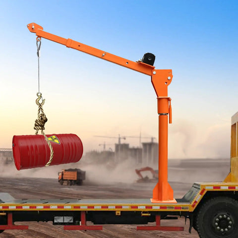 Heavy Duty 1100 Lb Truck Bed Crane Hoist With Electric Winch lifting a red barrel, showcasing adjustable jib length and swiveling base.