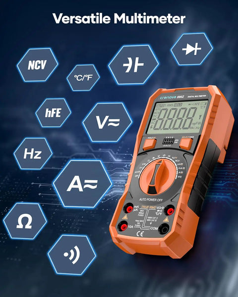 6000 Counts TRMS Digital Multimeter with NCV, Auto Ranging, and measurement icons on digital display