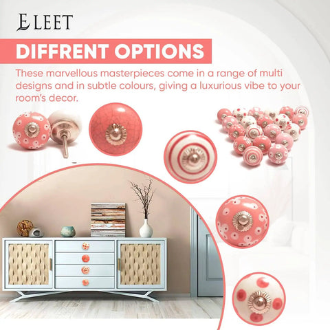 Assorted Ceramic Cabinet Knobs Set Of 20 In Pink And White For Vintage Cupboard Doors And Drawers Handmade Ceramic Hardware With Chrome Finish Easy Install Durable And Stylish Dope Retro Vibe displayed on cupboard