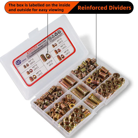 Threaded Inserts For Wood Kit 121 Pieces Zinc Plated Steel Hex Socket in plastic case for DIY projects and furniture repairs