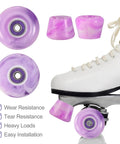 Eight Pack Roller Skate Wheels 82A Wear Resistant PU Replacement For Quad Skates And Skateboards Outdoor Indoor With Durable Bearings Purple And White Includes Brakes, Shock Absorbers, Screwdriver, Screws And Wrench, shown with wheels, stops, and a quad skate.