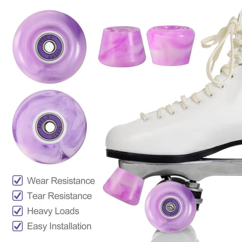 Eight Pack Roller Skate Wheels 82A Wear Resistant PU Replacement For Quad Skates And Skateboards Outdoor Indoor With Durable Bearings Purple And White Includes Brakes, Shock Absorbers, Screwdriver, Screws And Wrench, shown with wheels, stops, and a quad skate.