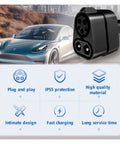 Ccs1 To Ccs2 Ev Charger Adapter 250Kw DC fast charging converter close-up with features for Tesla Model 3.