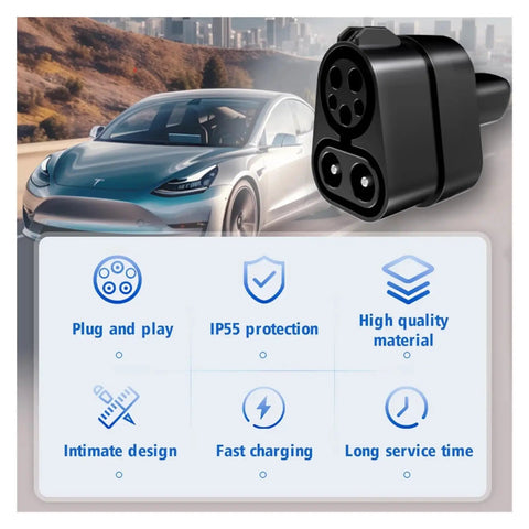 Ccs1 To Ccs2 Ev Charger Adapter 250Kw DC fast charging converter close-up with features for Tesla Model 3.