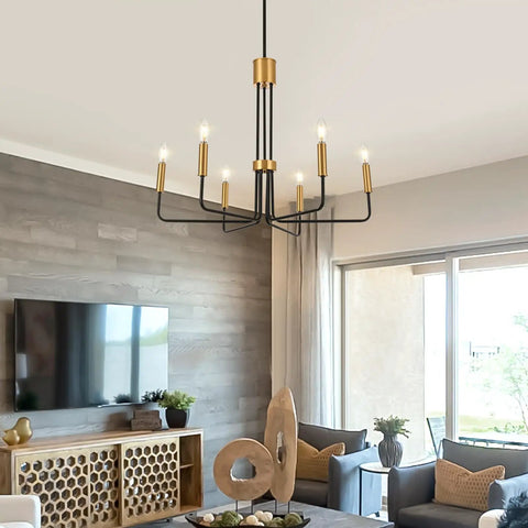 Black And Gold Modern Chandelier With Six Light Arms For Dining Room Farmhouse Style Hanging Light Fixture For Living Room Foyer And Hallway With Brass Accents And Warm Ambience For That Boss Vibe in stylish living room setting