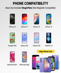 Graphic showing phone compatibility for Magnetic Car Phone Mount For Dashboard With 360 Degree Swivel Head And Super Grippy Hold.