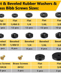 114 Piece Faucet Washer Kit With 12 Sizes Of Flat And Beveled Rubber Washers And Brass Bibb Screws For Outdoor Spigot Hose Bib Garden Valve Repair And Replacement. Display of washer and screw sizes in kit.