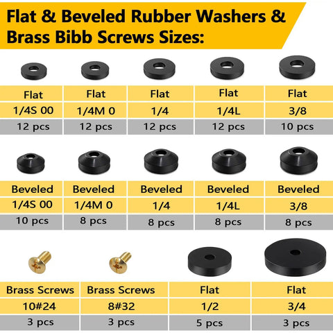 114 Piece Faucet Washer Kit With 12 Sizes Of Flat And Beveled Rubber Washers And Brass Bibb Screws For Outdoor Spigot Hose Bib Garden Valve Repair And Replacement. Display of washer and screw sizes in kit.