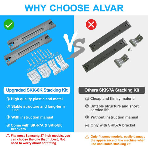 Comparison of upgraded SKK-8K stacking kit vs inferior SKK-7A for space saving stacking kit for 27 inch front load washers dryers