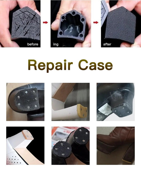 Before and after images of 8 Piece Heel Cap Replacement Kit For Boots With Non Slip Rubber Heel Caps And Chunky Heel Tips Plus 40 Shoe Nails For High Heels Boots And Shoes Home Shoe Repair Tool Kit.