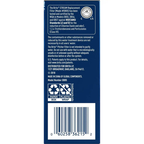 Back of box for Stream Pitcher Water Filter System For Pitchers And Dispensers, BPA Free, includes product details and barcode