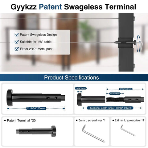 Image showing product details for Gyykzz Patent Swageless Terminal with 20 Pack Black Swageless Invisible Cable Railing Kit With T316 Stainless Steel Reusable Fittings For One Eighth Inch Cable DIY Friendly Easy Install No Crimping Required Fits 2x2 Metal Railing Post.