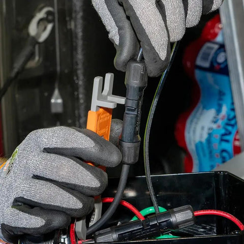 Hands using Solar Panel Insulating Wrench Set For MC4 Style PV Connectors Heavy Duty 2 Piece Assembly And Disassembly Tool