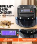 Coin Sorter And Wrapper Machine With LCD Display, showing LCD and coin bins, placed on table with scattered coins