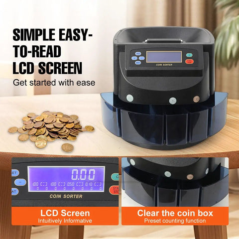 Coin Sorter And Wrapper Machine With LCD Display, showing LCD and coin bins, placed on table with scattered coins