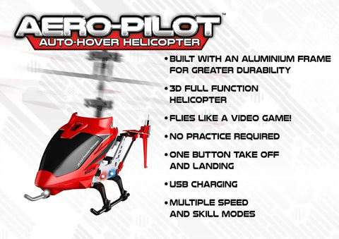 Alloy RC Helicopter Aero Pilot Deluxe 3 Channel With Gyro And LED Lights USB Rechargeable Battery Remote Control Multi Speed Modes For Beginners To Pros Realistic Flight Experience in red with aluminum frame and text details on features.