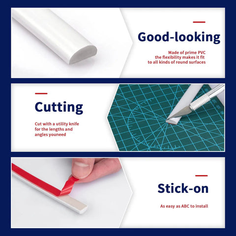 Illustrated guide showing 25 Ft Flexible Peel And Stick Trim Molding for backsplash use, with cutting and stick-on instructions.