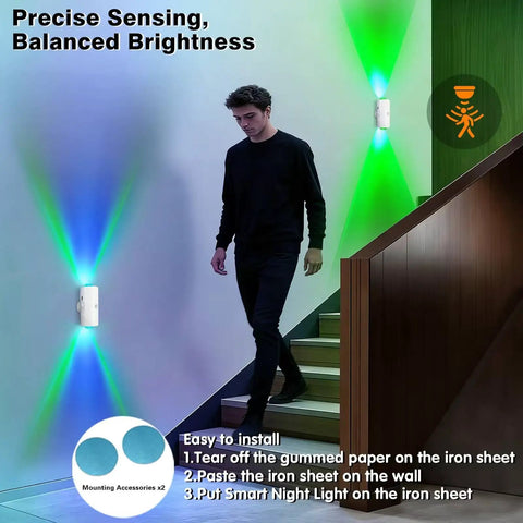 No Fuss Rechargeable Motion Sensor Lights Indoor With Magnetic Rgb Wall Sconces Auto On Off Night Light For Closets Hallways And Steps Plug And Play Vibe Sweet No Sweat Setup 2 Pack Solid Build. User walking by RGB sconces on stairs.