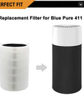 Three Pack Replacement Filters For Blue Pure 411 Series Air Purifiers with True HEPA And Carbon Filtration shown with purifier