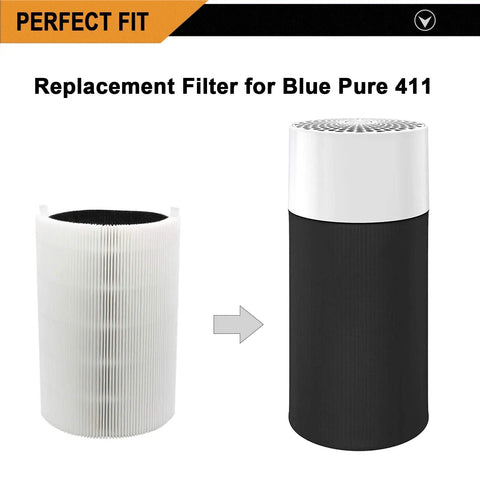 Three Pack Replacement Filters For Blue Pure 411 Series Air Purifiers with True HEPA And Carbon Filtration shown with purifier